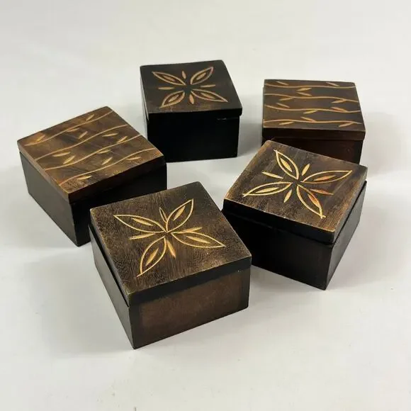 Safari Trinket Boxes Lot of 5 Vtg Hand Carved Wood Floral Vine Tribal Decor Leaf - Picture 2 of 11